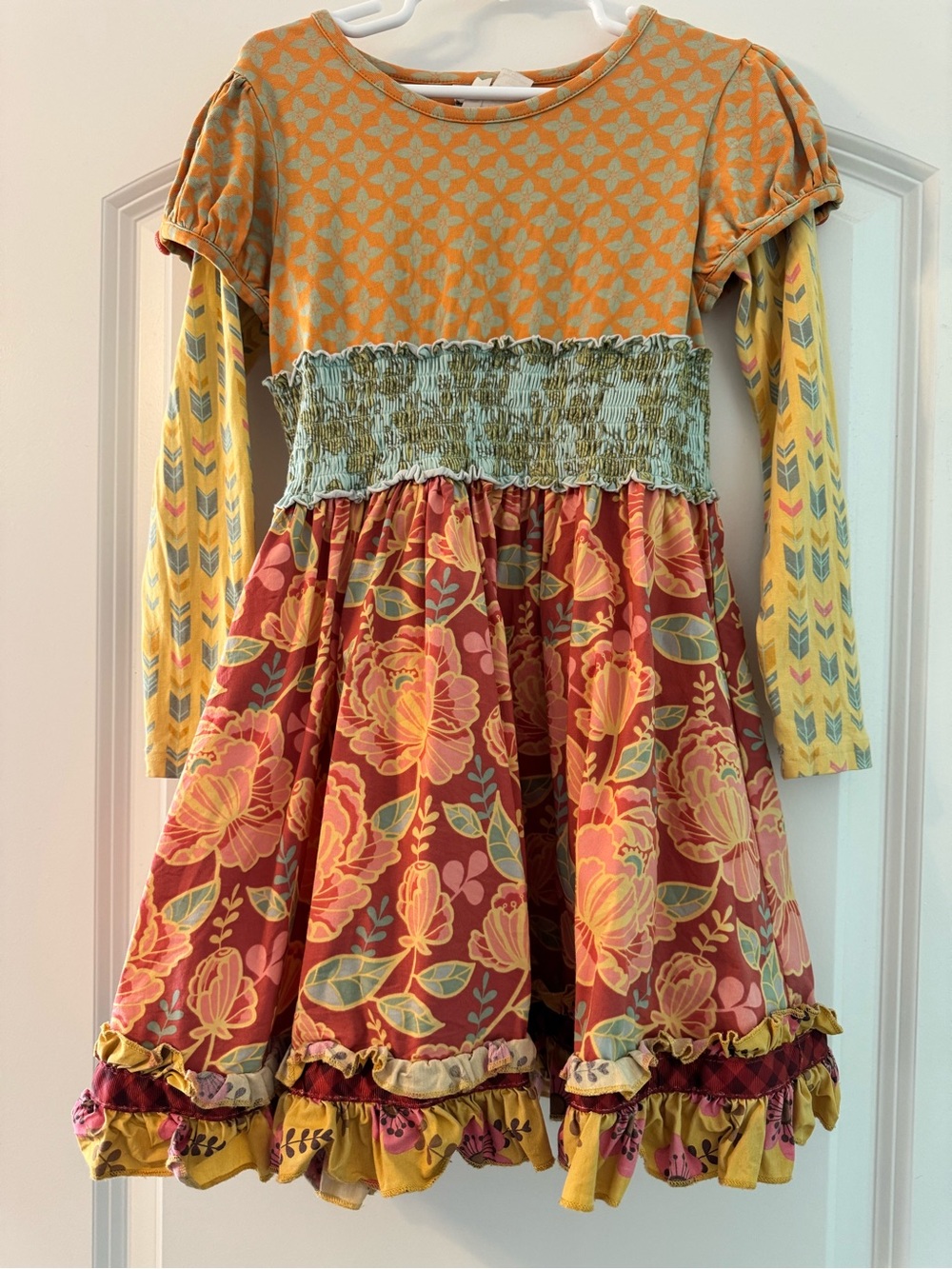 Matilda Jane Rust Floral Tiered Dress with Mustard Sleeves
